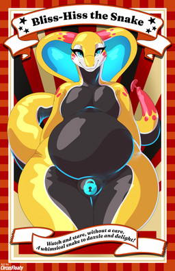 ambiguous_gender anthro balloon belly big_belly bulge clothing costume glistening glistening_body huge_belly inflatable latex lock_bulge lock_symbol looking_at_viewer markings null_bulge poster poster_design simple_background smile smirk snake_hood solo suit tail text thick_thighs wide_hips circusfloaty bliss-hiss animate_inanimate cobra living_balloon living_clothing living_costume living_inflatable reptile scalie snake digital_media_(artwork) english_text hi_res