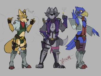 anthro armor beak black_clothing black_jockstrap black_underwear blue_body blue_feathers bulge cigarette clothing eye_patch eyewear feathers footwear group high_heels jockstrap kerchief male navel red_clothing red_jockstrap red_underwear shoes smoking unconvincing_armor underwear marcofox nintendo star_fox falco_lombardi fox_mccloud wolf_o'donnell avian bird canid canine canis falcon falconid fox mammal wolf 4:3 hi_res