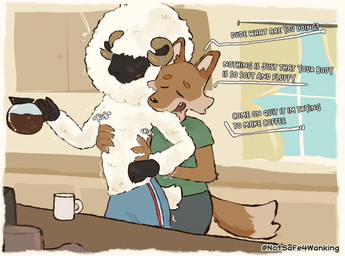 anthro anthro_on_anthro blush bodily_fluids brown_body clothed clothing cute_fangs dialogue duo eyes_closed fangs fur hair hair_over_eyes horn male male/male male_anthro open_mouth simple_background tail teeth text white_body white_fur wool_hair notsafeforwanking bovid canid canine canis caprine coyote mammal sheep absurd_res digital_media_(artwork) english_text hi_res