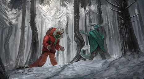 anthro backpack bedding blanket blue_body blue_eyes blue_scales claws clothed clothing coat detailed_background duo eyewear fur gloves goggles handwear horn male mittens outside parka plant scales snow topwear tree white_body white_fur winter themefinland phyn lizard reptile scalie 2018 digital_media_(artwork) hi_res