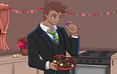 box_of_chocolates candy chocolate clothed clothing dessert food fully_clothed holidays human_only imminent_transformation kitchen male not_furry solo suit_and_tie furminko27 valentine's_day volcav human mammal 2026 absurd_res hi_res