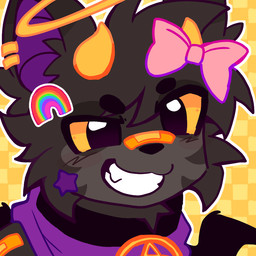 ambiguous_gender anthro bandage black_body bow_ribbon ear_piercing ear_ring eye_bags fur grin halo horn jewelry kerchief necklace pentagram_necklace piercing ring_piercing smile solo yellow_eyes kingsillysmilez fuzai_(cozmofps) bat mammal 1:1 headshot_portrait portrait