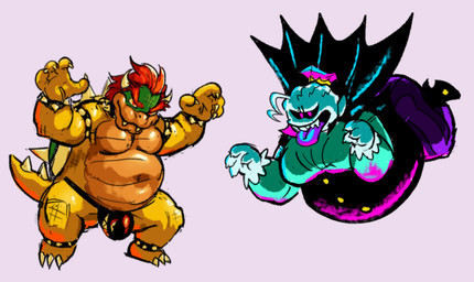 anthro armband belly big_belly cape clothing collar duo hair legband male male/male moobs overweight overweight_male pink_eyes red_eyes red_hair shell spiked_armband spiked_collar spiked_legband spikes thong turtle_shell underwear white_hair harlequinkiller luigi's_mansion mario_bros mythology nintendo bowser king_boo boo_(mario) dragon ghost humanoid koopa mythological_creature mythological_scalie scalie spirit