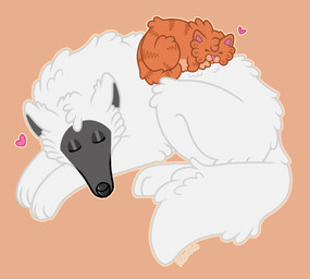 ambiguous/ambiguous ambiguous_gender arm_tuft cheek_tuft cuddling curled_up duo elbow_tuft eyes_closed facial_markings facial_tuft feral feralized fluffy fluffy_tail fur fuzzy head_markings heart_symbol leg_tuft loaf lying markings mask_(marking) neck_tuft on_front orange_body orange_fur outline simple_background size_difference sleeping tail tuft white_body white_fur alleycat8706 dreamworks puss_in_boots_(franchise) death_(puss_in_boots) puss_in_boots_(dreamworks) canid canine canis domestic_cat felid feline felis mammal tabby_cat wolf flat_colors hi_res male_(lore)