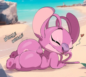 3_toes antennae_(anatomy) antennae_markings anthro anus barely_visible_breasts beach biped black_eyes breasts butt day ear_markings eyelashes feet female heart_symbol long_antennae looking_at_viewer markings one_eye_closed outside pink_body purple_markings purple_nose shaking_butt small_tail solo tail toes wiggle wink winking_at_viewer catxolotl_(artist) disney lilo_and_stitch angel_(lilo_and_stitch) alien experiment_(lilo_and_stitch) 2025 digital_drawing_(artwork) digital_media_(artwork)