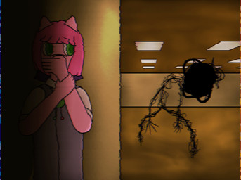 4_fingers ambiguous_gender anthro black_body ceiling_lamp clothing covering covering_mouth covering_own_mouth covering_self female fingers holding_wrist horror_(theme) lamp scared standing static vhs_filter fast_master kane_pixels'_backrooms the_backrooms marry_(fast_master) bacteria_(the_backrooms) domestic_cat felid feline felis humanoid mammal monster hi_res
