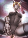 anthro big_breasts blonde_hair breasts butt featureless_face female hair looking_at_viewer machine robotic simple_background solo thick_thighs cocicka conditional_dnp atomic_heart left_(atomic_heart) felid feline humanoid mammal robot robot_humanoid 2023 hi_res