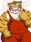 anthro balls_outline belly blush bulge detailed_bulge genital_outline humanoid_hands kemono male moobs nipples overweight overweight_anthro overweight_male pink_nose solo wrestling_singlet raichoclub felid mammal pantherine tiger 2019