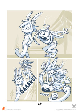 anthro clothed clothing duo female male open_mouth outside simple_background smile text ratcha lagomorph leporid mammal rabbit 2017 absurd_res comic digital_media_(artwork) english_text hi_res multiple_scenes