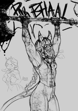 axe battle_axe blood bodily_fluids breath clothed clothing ear_piercing ear_ring fangs female group holding_axe holding_object horn not_furry open_mouth open_smile piercing ring_piercing simple_background smile tail teeth trio azuza humanoid 2023 absurd_res dated hi_res monochrome signature