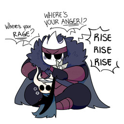 accessory ambiguous_gender bandage bandaged_head black_body black_eyes blue_cloak blue_clothing blush cape cloak clothing cuff_(restraint) dialogue duo flower fluffy fluffy_clothing hanging_by_arms headband holding_another holding_wrists horn male oro_(hollow_knight) plant restraints sitting sitting_cross-legged speech_bubble text wrist_cuffs unknown_artist hollow_knight_(franchise) team_cherry broken_vessel_(hollow_knight) arthropod beetle insect rhinoceros_beetle scarabaeid vessel_(species) english_text hi_res