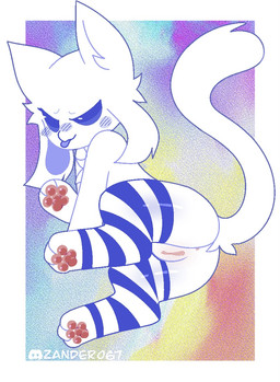 4_ears anus bedroom_eyes blue_clothing blue_eyes blue_inner_ear blue_legwear blue_thigh_highs blush butt clitoris clothing female feral fur genitals hand_on_chest humanoid_genitalia humanoid_vulva legwear lying mostly_nude multi_ear narrowed_eyes navel on_side open_mouth pawpads presenting presenting_hindquarters rear_view seductive solo thigh_blush thigh_highs tongue tongue_out vulva white_body white_fur worried zander067 discord_(app) clyde_(discord) domestic_cat felid feline felis mammal
