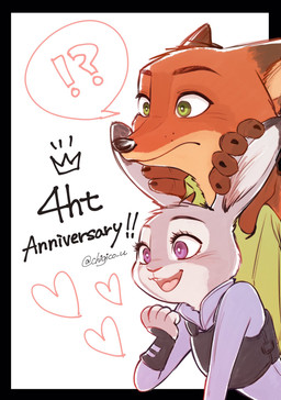 anthro black_border border clothed clothing dipstick_ears duo ear_markings fur green_eyes grey_body grey_fur heart_symbol interrobang multicolored_ears open_mouth open_smile orange_body orange_fur police police_uniform purple_eyes smile uniform chigico_u disney zootopia judy_hopps nick_wilde canid canine fox lagomorph leporid mammal rabbit red_fox true_fox 2020 hi_res