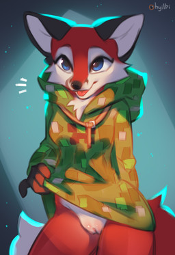 anthro black_nose blep blue_eyes bottomless bottomless_female breasts clothed clothing female flashing flashing_pussy fur genitals hoodie humanoid_genitalia humanoid_vulva light presenting presenting_vulva red_body red_fur simple_background solo text thick_thighs tongue tongue_out topwear vulva hyilpi microsoft minecraft mojang xbox_game_studios vixy_(hyilpi) canid canine fox mammal red_fox true_fox 2023 artist_name digital_media_(artwork) hi_res lighting