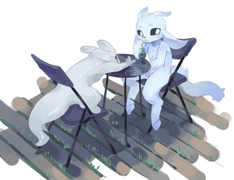 3_fingers ambiguous_gender anthro beverage black_eyes chair duo fingers fur furniture glistening glistening_body hooves looking_aside looking_away outside pensive pupils reaching reaching_for_object simple_background sitting table tail white_background white_body white_fur white_pupils hongyan_(artist) microsoft ori_(series) rain_world videocult xbox_game_studios ori_(ori) survivor_(rain_world) guardian_spirit slugcat absurd_res digital_drawing_(artwork) digital_media_(artwork) full-length_portrait hi_res portrait shaded