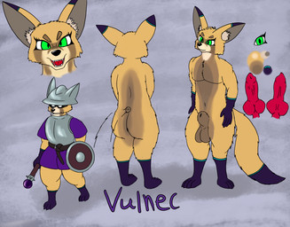 angry animal_genitalia animal_penis anthro armor balls canine_genitalia canine_penis genitals headgear helmet male penis sheath shield solo vulnec canid canine fennec_fox fox mammal true_fox hi_res model_sheet