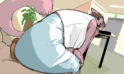 anthro bottomwear brown_hair butt clothing duo female fur grinding hair hot_dogging looking_back male male/female office_lady pink_body pink_fur sex skirt tail hieronymusjohnson canid canine mammal aliasing binary_drawing digital_drawing_(artwork) digital_media_(artwork)