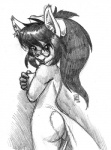 anthro breasts eyewear female fur glasses hair nude solo tail s-nina s'zira canid canine canis mammal rodent sciurid tree_squirrel wolf greyscale monochrome