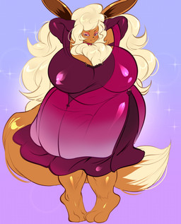 anthro big_breasts blush breasts clothed clothing elegant_dress female hands_behind_head huge_breasts huge_hips huge_thighs makeup nipple_outline overweight overweight_anthro overweight_female pokemorph solo thick_thighs wide_hips yuwi-cyu nintendo pokemon fan_character eeveelution flareon generation_1_pokemon pokemon_(species) hi_res