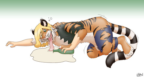 blonde_hair bottle clothing container countershade_feet countershading drunk feet green_sclera hair male mid_transformation sharp_teeth simple_background smile solo species_transformation substance_intoxication teeth tongue tongue_out torn_clothing transformation diethyl felid human mammal pantherine tiger 2022 hi_res