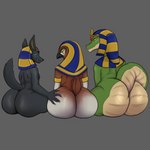 big_butt butt egyptian group male male/male presenting presenting_hindquarters trio imobi egyptian_mythology middle_eastern_mythology mythology anubis horus sobek anubian_jackal avian bird canid canine canis crocodilian deity jackal mammal reptile scalie 1:1 absurd_res hi_res