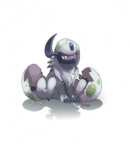 ambiguous_gender claws egg featureless_crotch feral fur hair hatched horn open_mouth pokemon_egg red_eyes simple_background sitting solo white_body white_fur white_hair mmocc123 nintendo pokemon absol generation_3_pokemon pokemon_(species) 2026 absurd_res hi_res
