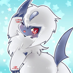 3_fingers ambiguous_gender anthro anthrofied arm_spikes biped blade blue_background blue_body blue_claws blue_horn blue_skin blue_tail blush butt chest_tuft claw_fingers claws elbow_spikes finger_claws fingers fluffy fluffy_hair forehead_gem fur gem glistening glistening_body glistening_fur glistening_hair hair horn kemono looking_at_viewer monotone_body monotone_fur monotone_hair monotone_tail neck_tuft nude one_eye_closed pattern_background pawpads paws pink_pawpads pokemorph pose pupils red_eyes semi-anthro short_hair side_view simple_background solo spikes spikes_(anatomy) standing star tail tail_blade tongue tongue_out tuft weapon_tail white_body white_fur white_hair white_pupils wink yellow_sclera suppainu nintendo pokemon absol generation_3_pokemon mammal pokemon_(species) 1:1 colored digital_media_(artwork) half-length_portrait hi_res portrait shaded