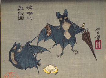 5_toes ambiguous_feral ambiguous_gender biped bipedal_feral claws duo feet feral fur holding_object holding_umbrella lying membrane_(anatomy) membranous_wings on_back plantigrade simple_background standing text toe_claws toes umbrella whiskers wings yellow_sclera tsukioka_yoshitoshi public_domain bat mammal 19th_century absurd_res ancient_art hi_res japanese_text traditional_media_(artwork) translated