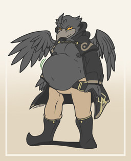 4_fingers abdominal_bulge after_vore anthro anthro_pred areola beak belly big_belly biped black_areola black_body black_feathers black_nipples border bottomwear clothing digestion feathered_wings feathers fingers footwear gradient_background grey_beak hood looking_at_viewer male male_pred moobs motion_lines motion_outline navel nipples overweight overweight_anthro overweight_male pants robe simple_background soft_vore solo standing tan_background vore weight_gain white_border wings darkcresentskymin arvid_(darkcresentskymin) avian bird corvid corvus_(genus) crow oscine passerine 2015 digital_media_(artwork) flat_colors full-length_portrait portrait