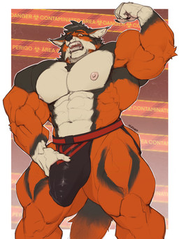 5_fingers abs anthro areola arm_tuft armbands_(marking) barazoku biceps big_bulge big_muscles big_pecs biped black_body black_claws black_clothing black_eyebrows black_finger_claws black_fur black_hair black_jockstrap black_nose black_underwear border broad_shoulders bulge bulge_grab chest_tuft claws clothed clothed_anthro clothed_male clothing countershade_face countershade_fur countershade_neck countershade_torso countershading deltoids detailed_bulge ear_tuft elbow_tuft eyebrows fangs finger_claws fingers flexing flexing_bicep front_view fur genital_outline gloves_(marking) gums hair hand_on_bulge hand_on_own_bulge huge_bulge huge_muscles humanoid_hands inner_ear_fluff jockstrap jockstrap_only latissimus_dorsi male male_anthro manly markings multicolored_body multicolored_clothing multicolored_fur multicolored_jockstrap multicolored_underwear muscular muscular_anthro muscular_arms muscular_male muscular_thighs navel nipples open_mouth orange_body orange_fur pecs penis_outline pink_areola pink_nipples pink_tongue quads red_clothing red_eyes red_jockstrap red_underwear serratus sharp_teeth solo standing tail teeth text text_background three-quarter_view tongue topless topless_anthro topless_male triceps tuft two_tone_clothing two_tone_jockstrap two_tone_underwear underwear underwear_only whisker_spots white_body white_border white_countershading white_fur white_hands white_inner_ear white_inner_ear_fluff oldshep canid canine canis felid feline hybrid lynx mammal wolf digital_drawing_(artwork) digital_media_(artwork) english_text hi_res portrait signature three-quarter_portrait