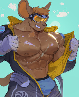 abs anthro barazoku black_coveralls blue_briefs blue_clothing blue_underwear briefs bulge cheese chest_scar clothing dairy_products eyes_closed eyewear eyewear_on_head food fur gloves goggles goggles_on_head hair handwear kemono male muscular muscular_male navel nipples orange_body orange_fur orange_hair overalls pecs scar smile solo tail underwear undressing white_clothing white_gloves white_handwear uleezoo anothereidos_of_dragon_vein_r calhoun_(anothereidos_r) mammal mouse murid murine rodent 2025 hi_res