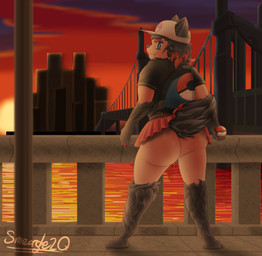 anthro anthrofied bag bottomwear butt clothed clothing cosplay eyeshadow fangs female fur hair hat headgear headwear lipstick looking_at_viewer makeup outside pokeball shirt skirt sky smile solo standard_pokeball sunset teeth text topwear water smeargle20 nintendo pokemon hilda_(pokemon) canid canine generation_5_pokemon human mammal pokemon_(species) zorua 2019 absurd_res digital_drawing_(artwork) digital_media_(artwork) english_text hi_res