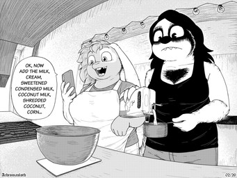 anthro apron buckteeth cellphone clothing container cooking cup duo electronics female kitchen long_ears milk open_mouth overweight phone sharp_teeth smartphone teeth text achromasloth cheesecake_(mei_cheesecake) vicky_(lazzzy_drawings) domestic_rabbit lagomorph leporid lop_rabbit mammal monster oryctolagus pilosan rabbit sloth xenarthran 4:3 black_and_white digital_media_(artwork) english_text hi_res monochrome signature