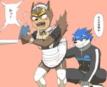 adolescent anthro biceps blush clothed clothing crossdressing duo maid_uniform male male/male muscular muscular_male muscular_young pecs text uniform young sakai_(artist) canid canine canis mammal wolf hi_res japanese_text translation_request