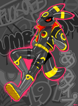 anthro anthrofied biped black_boots black_clothing black_eyes black_footwear black_latex boots clothed clothing drone footwear graffiti graffiti_on_wall hand_in_pocket jacket latex latex_clothing latex_skinsuit looking_at_viewer male open_clothing open_jacket open_topwear pockets red_sclera shoes skinsuit slim_anthro slim_male solo straps tight_clothing topwear hacony nintendo pokemon eeveelution generation_2_pokemon pokemon_(species) umbreon 2025 hi_res