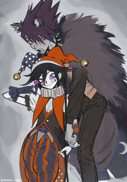 aegyo_sal bell black_hair bottomwear candy clothing collar dessert duo eyelashes fangs food fool's_hat gloves hair handwear hat headgear headwear humanoidized jester jingle_bell lollipop male open_mouth pants puffy_sleeves purple_eyes purple_hair smile spiked_collar spikes teeth topwear vest bossu_osu danganronpa danganronpa_v3 spike_chunsoft kaito_momota kokichi_oma animal_humanoid canid canid_humanoid canine canine_humanoid human humanoid mammal mammal_humanoid wolf_humanoid absurd_res hi_res