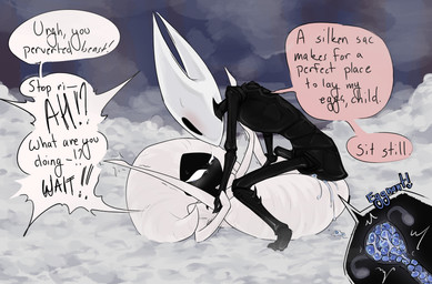 2_horns anthro black_body bodily_fluids claws cum duo egg egg_insertion explicitly_stated_nonconsent female female/female forced from_front_position genital_fluids horn leaking_cum mating_press mouthless nude nude_female oviposition pinned pinned_to_ground rape sex text toe_claws meekzhyu hollow_knight:_silksong hollow_knight_(franchise) team_cherry hornet_(hollow_knight) lace_(hollow_knight:_silksong) arachnid arthropod insect absurd_res english_text hi_res