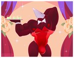 anthro border bulge clothing curtains flower male mask muscular muscular_anthro muscular_male nipples pecs plant playboy_bunny red_body red_clothing red_nipples simple_background solo sparkles white_border redeyedgazer deltarune undertale_(series) avian swatchling hi_res