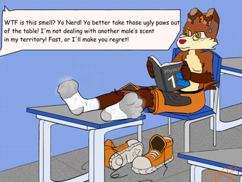 anthro bullying clothed clothing dominant feet footwear male nerd school shoes skinny smelly smelly_feet smelly_paws socks solo taunting text threatening topless topless_male cherno_the_deer cherno deer mammal 4:3 english_text hi_res