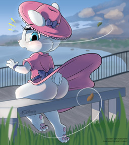 accident accidental_exposure anthro bench biped boardwalk bottomwear bow_(feature) buckteeth butt cheek_tuft claws clothed clothing clothing_lift day dress eyebrows facial_tuft female furgonomic_headwear furgonomics grass hat headgear headwear looking_back no_underwear on_bench open_mouth outside partially_clothed pawpads pink_clothing pink_dress pink_hat pink_headwear pink_nose plant presenting presenting_hindquarters public public_exposure rear_view scut_tail seaside short_tail sitting sitting_on_bench skirt skirt_lift solo sun_hat surprised tail teeth toe_claws tuft white_body wind young young_anthro young_female furnut lagomorph leporid mammal rabbit 2023 absurd_res hi_res