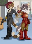 age_difference anthro armor clothed clothing comic_con cosplay costume duo female gun machine male pose power_armor ranged_weapon roleplay smile weapon kiwi_cutie marvel balto_star black_widow_(marvel) iron_man nikki_kofi canid canine canis cheetah felid feline mammal wolf colored hi_res