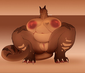 anthro belly big_belly big_breasts breasts brown_body brown_scales claws crouching curvy_figure deep_navel female genitals huge_breasts huge_thighs navel nipples non-mammal_breasts non-mammal_navel non-mammal_nipples nude nude_female overweight overweight_anthro overweight_female scales solo spikes thick_thighs toe_claws voluptuous vulva wide_hips akefesauce dinosaur prehistoric_species reptile saurischian scalie theropod tyrannosaurid tyrannosauroid tyrannosaurus tyrannosaurus_rex hi_res