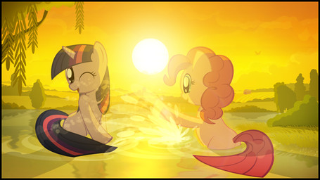 barn black_border blue_eyes border detailed_background duo farm female feral fur hair horn multicolored_hair one_eye_closed open_mouth pink_body pink_fur pink_hair plant purple_body purple_eyes purple_fur purple_hair quadruped river scenery splash sun sunset tail tree two_tone_hair water wood gign-3208 friendship_is_magic hasbro my_little_pony mythology pinkie_pie_(mlp) twilight_sparkle_(mlp) avian bird earth_pony equid equine horse mammal mythological_creature mythological_equine pony unicorn 16:9 2012 hi_res widescreen
