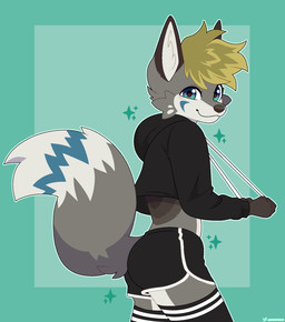 :3 anthro black_bottomwear black_clothing black_hoodie black_legwear black_shorts black_thigh_highs black_topwear blonde_hair blue_eyes bottomwear clothed clothed_anthro clothed_male clothing dolphin_shorts drawstring drawstring_topwear femboy fur grey_body grey_fur hair hoodie legwear looking_at_viewer male male_anthro midriff mouth_closed multicolored_body multicolored_eyes multicolored_fur multicolored_tail shorts side_view simple_background smile solo tail teal_background thigh_highs topwear dignotions semtix_(character) canid mammal 2025 digital_drawing_(artwork) digital_media_(artwork) hi_res portrait three-quarter_portrait