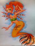 breasts cleavage clothed clothing female green_eyes hair looking_at_viewer navel ponytail solo split_form unknown_artist mattel monster_high toralei_stripe felid fish humanoid mammal marine merfolk