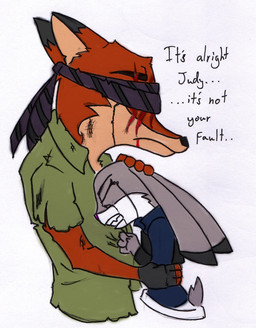 anthro blind blood bodily_fluids clothing crying disability duo female male scar simple_background tears pace-maker disney zootopia judy_hopps nick_wilde canid canine fox lagomorph leporid mammal rabbit red_fox true_fox hi_res