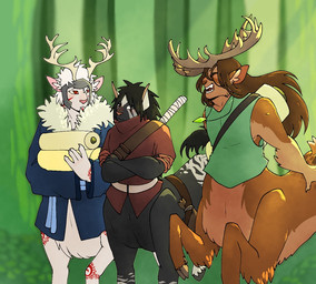 albino antlers black_body black_eyes black_hair black_tail blue_clothing brown_body brown_hair claws clothing countershading eyes_closed finger_claws forest forest_background fur_collar_jacket green_clothing group hair hooves horn jewelry male markings nature nature_background necklace plant red_clothing red_eyes red_markings scroll tail tail_tuft tree trio tuft white_body white_hair white_markings puppetmaster13uwu naruto naruto_(series) hashirama_senju madara_uchiha tobirama_senju deer deer_taur equid equid_taur equine equine_taur horse horse_taur mammal mammal_taur taur cel_shading shaded