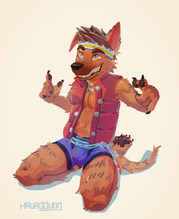 accessory anthro brown_body brown_fur brown_hair brown_markings bulge clothed clothing collar detailed_bulge fingers floppy_ears fur genital_outline hair headband kneeling male markings pawpads paws pecs penis_outline simple_background smile solo tail underwear hruaddung dreamworks forgotten_island raww_(forgotten_island) canid canine mammal werecanid werecanine werecreature weredog absurd_res hi_res lineless