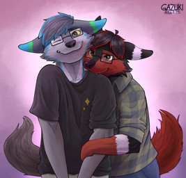 anthro bite blush bottomwear clothed clothing duo eyes_closed eyewear fully_clothed fur glasses hug love male male/male pants shirt simple_background smile topwear gazuki canid canine canis fox mammal wolf 3d_(artwork) digital_media_(artwork) hi_res