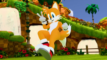anthro blue_eyes clothing footwear fur gesture gloves green_hill_zone hand_gesture handwear looking_at_viewer male open_mouth open_smile orange_body orange_fur shoes smile smiling_at_viewer solo v_sign white_body white_fur twintails3d sega sonic_the_hedgehog_(series) miles_prower canid canine fox mammal red_fox true_fox 16:9 2025 3d_(artwork) 4k absurd_res digital_media_(artwork) hi_res widescreen